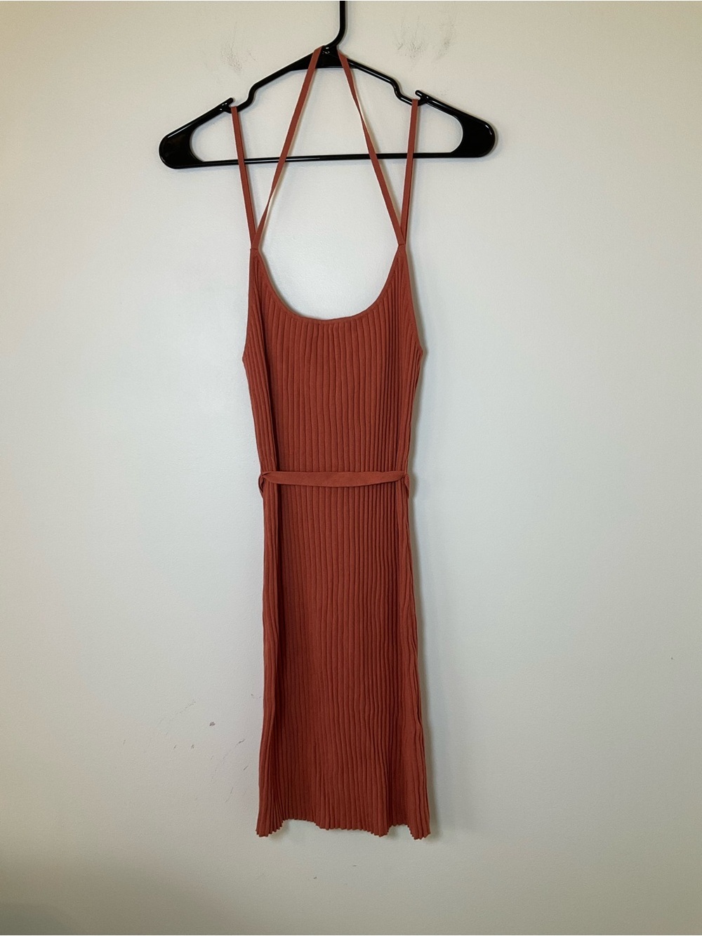 ASOS Rib Knit Halter Midi Dress Rust Orange Tie Waist NWT US 10